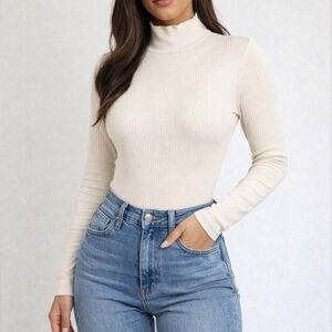 NWT By Egreis Ribbed Turtleneck Bodysuit Zipper Back Closure Size Medium